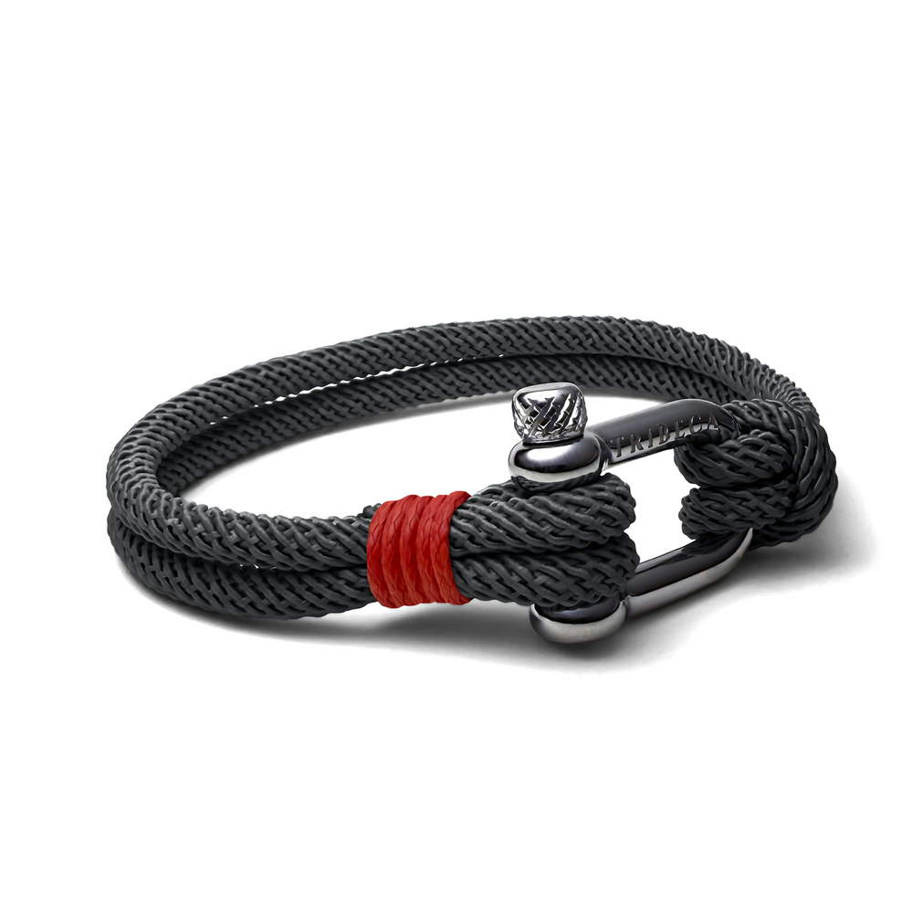 Grey rope bracelet with steel shackle clasp and red binding - side view