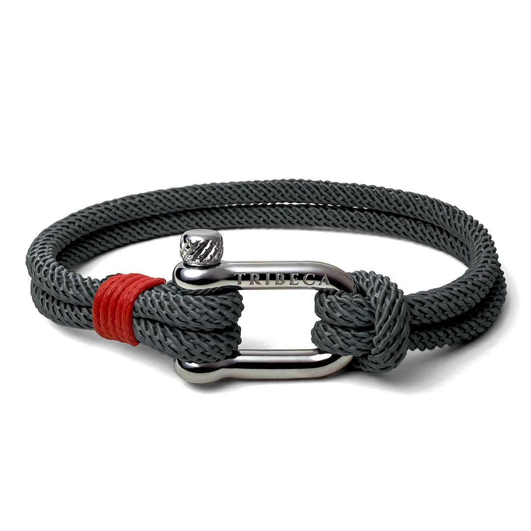 Dark grey bracelet with steel shackle clasp and red binding - front view