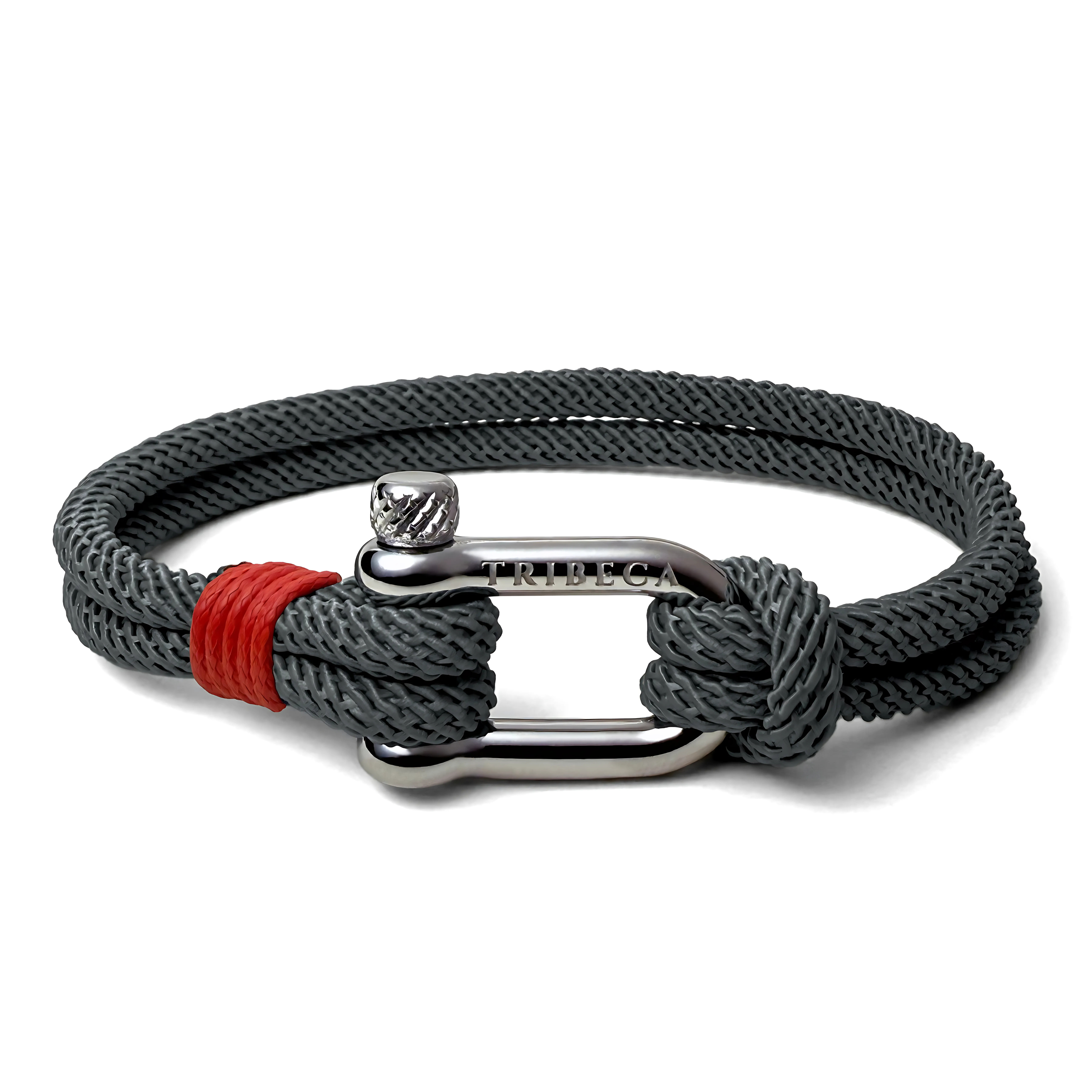 Dark grey bracelet with steel shackle clasp and red binding - front view