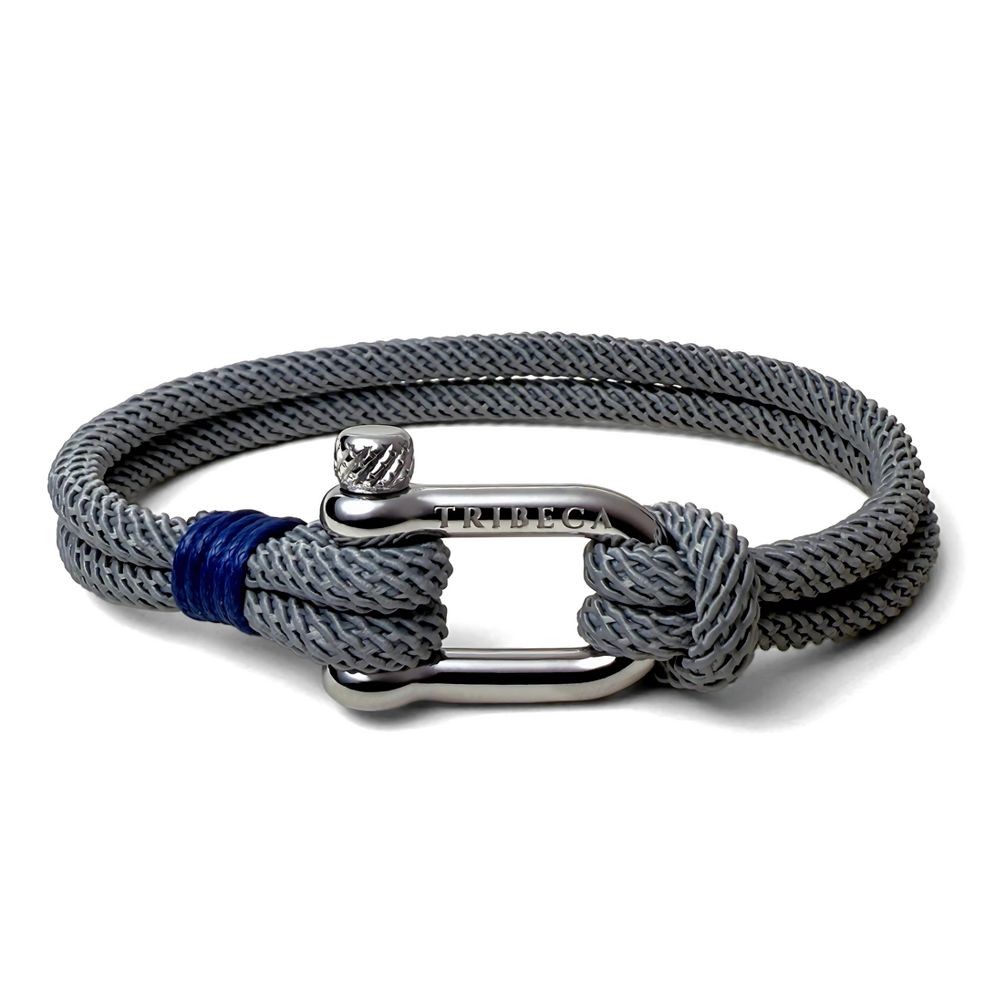 Light grey rope bracelet with steel shackle clasp and blue binding - front view