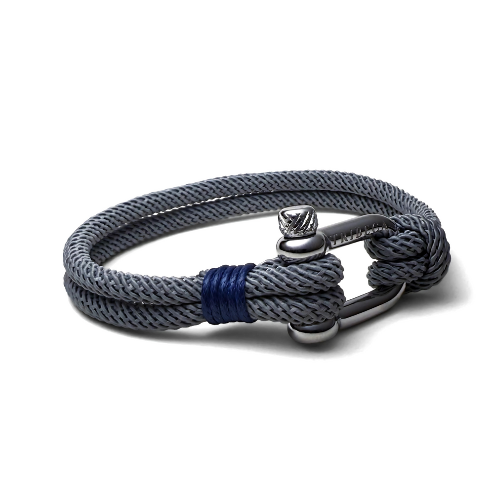 Light grey rope bracelet with steel shackle clasp and blue binding - angle view