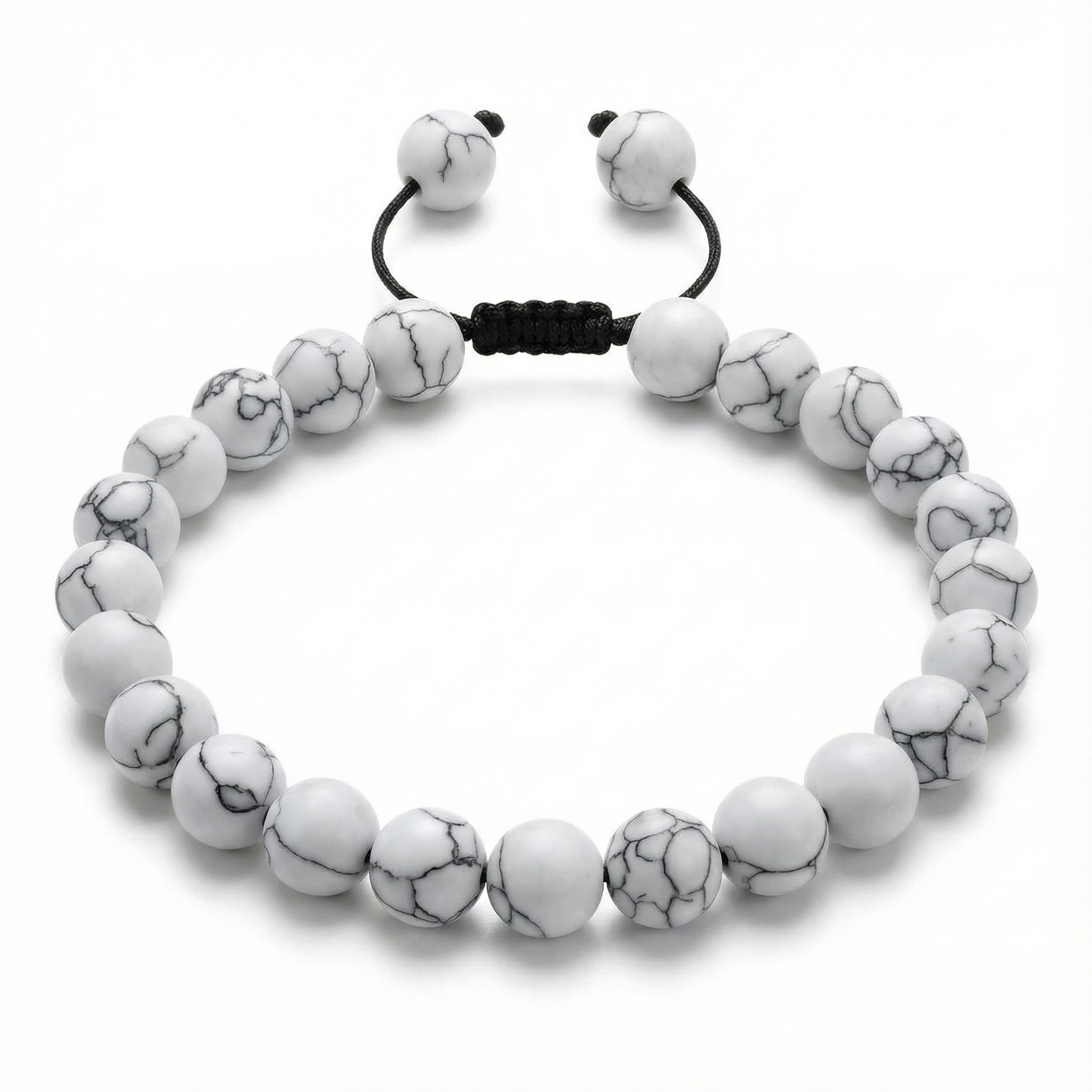 White marbled beaded bracelet with black cord on a white background