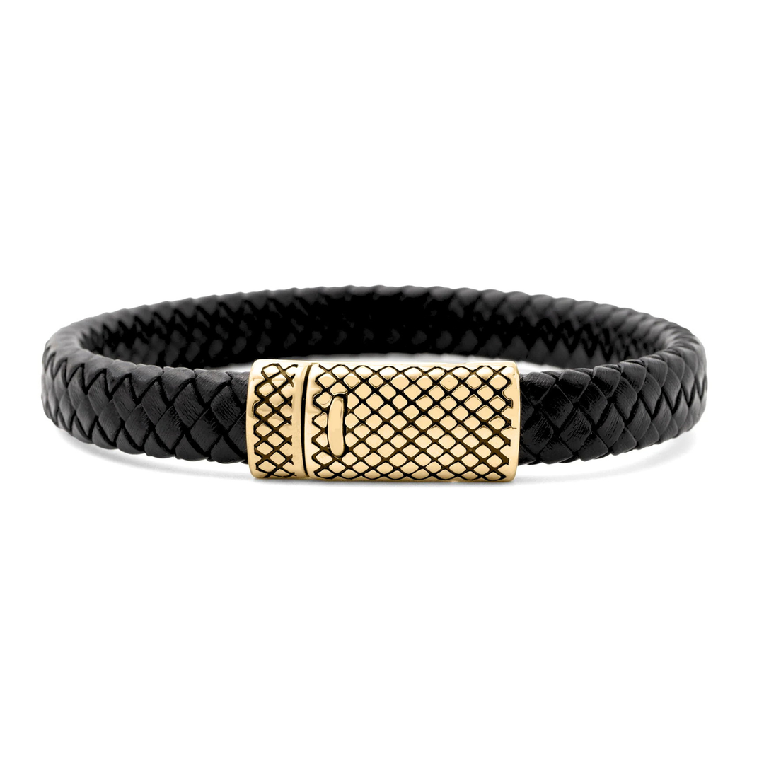 Black braided leather bracelet with a gold clasp on a white background