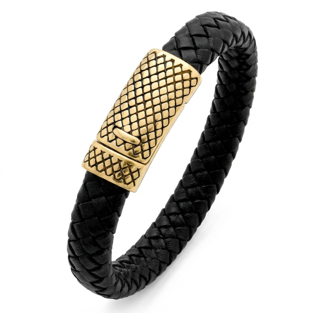 Black braided bracelet with a gold textured clasp on a white background