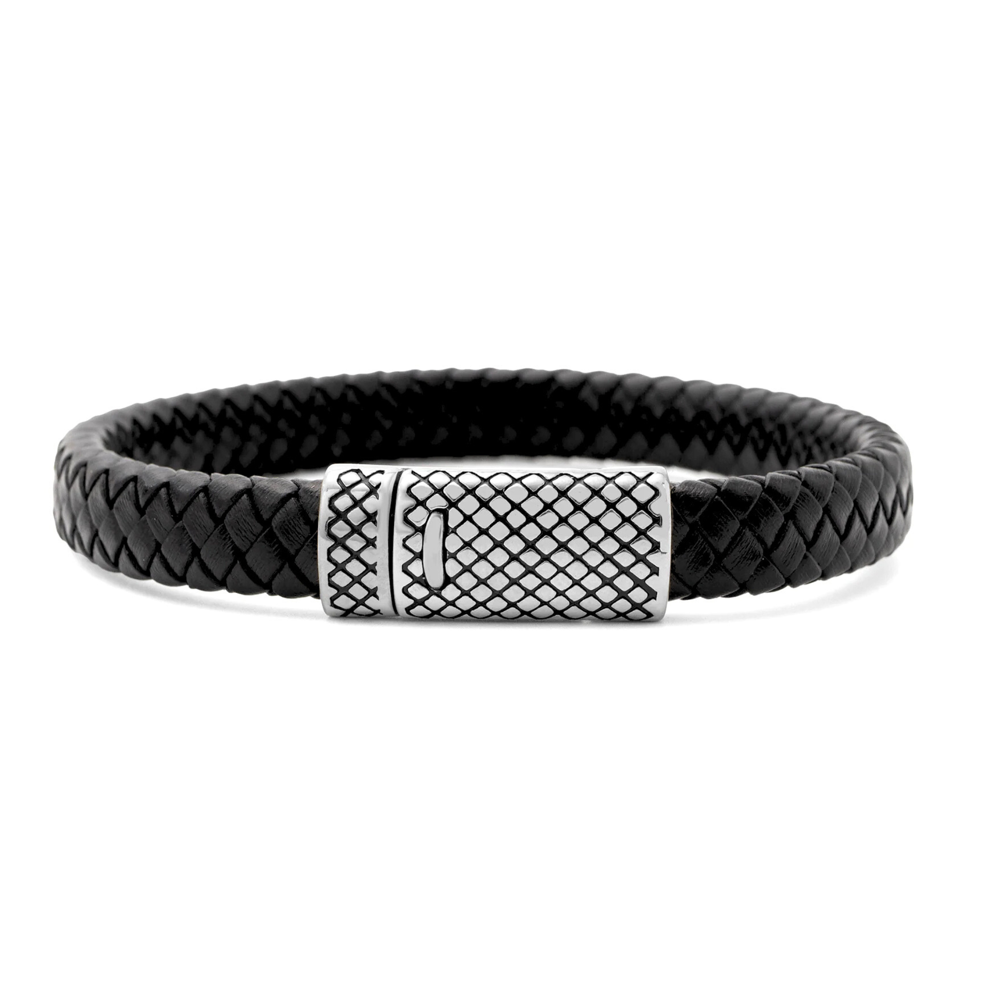 Black braided bracelet with a steel clasp on a white background