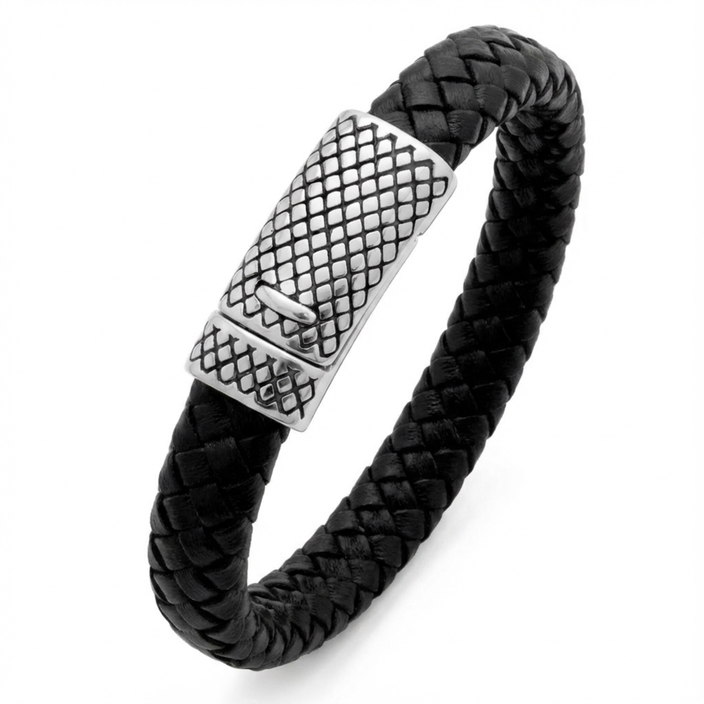 Black braided leather bracelet with silver woven clasp on a white background