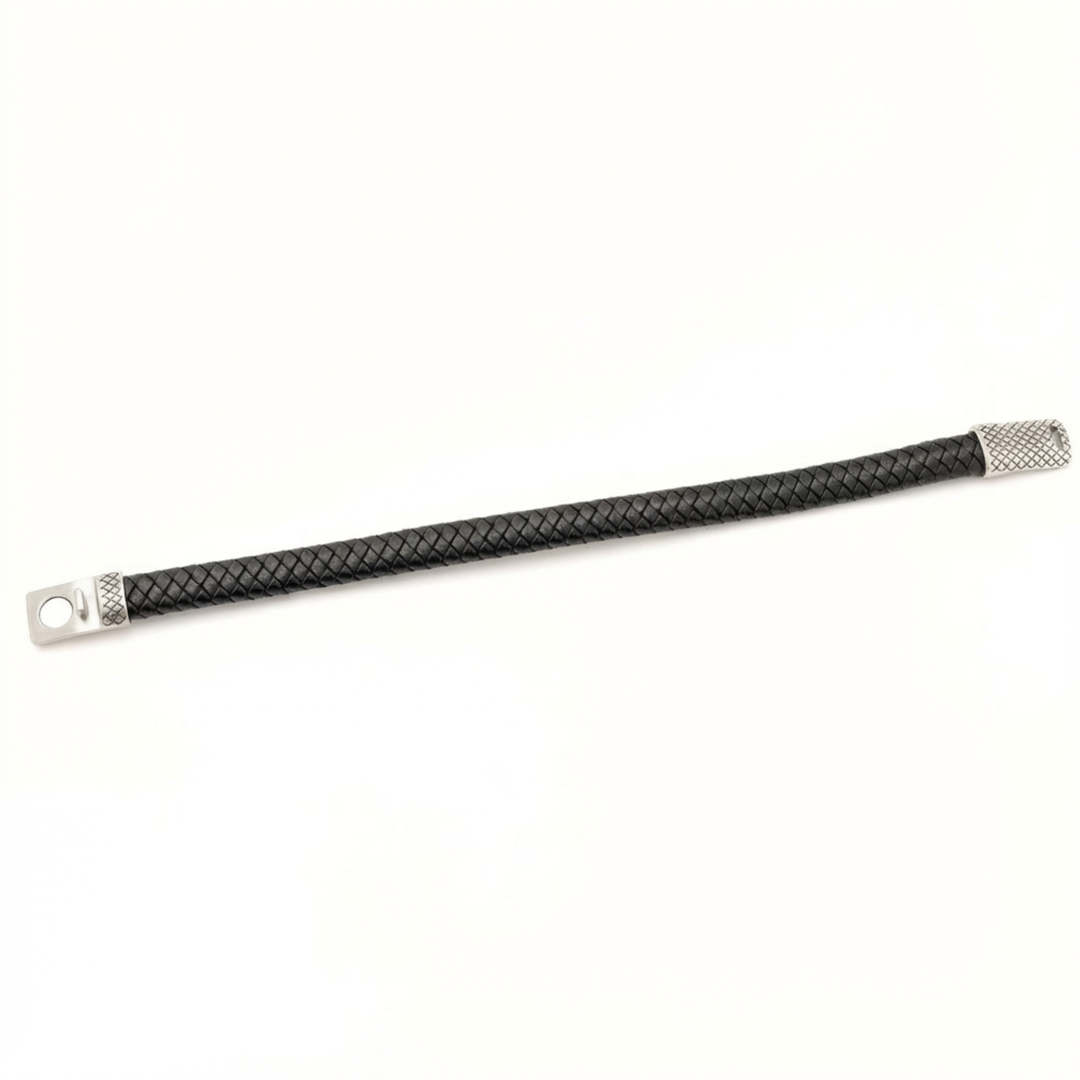 Black braided leather strap with silver clasp on a white background