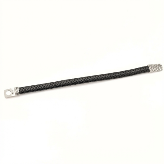 Black braided leather strap with silver clasp on a white background
