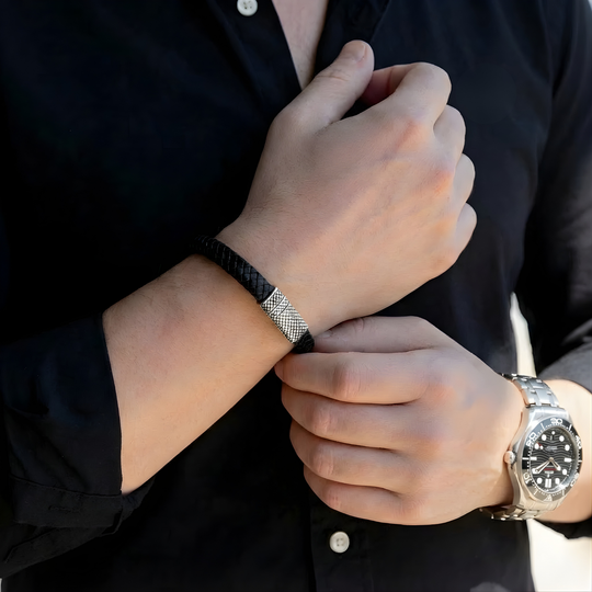 Close-up of two hands with a focus on a watch and bracelet.
